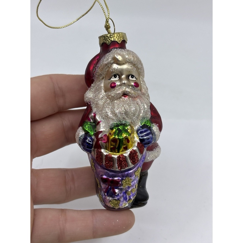 Vintage Blown Glass Christmas Santa Sack Ornament Holiday Decoration 4" Read*